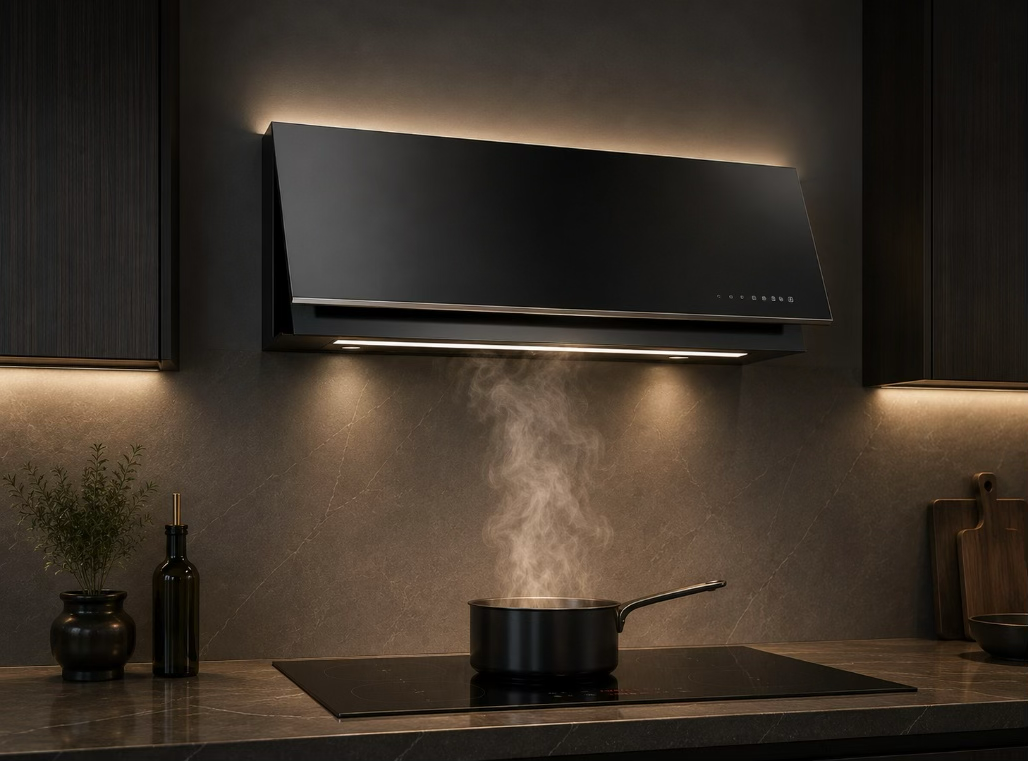 Traditional kitchen range hood with smoke escaping