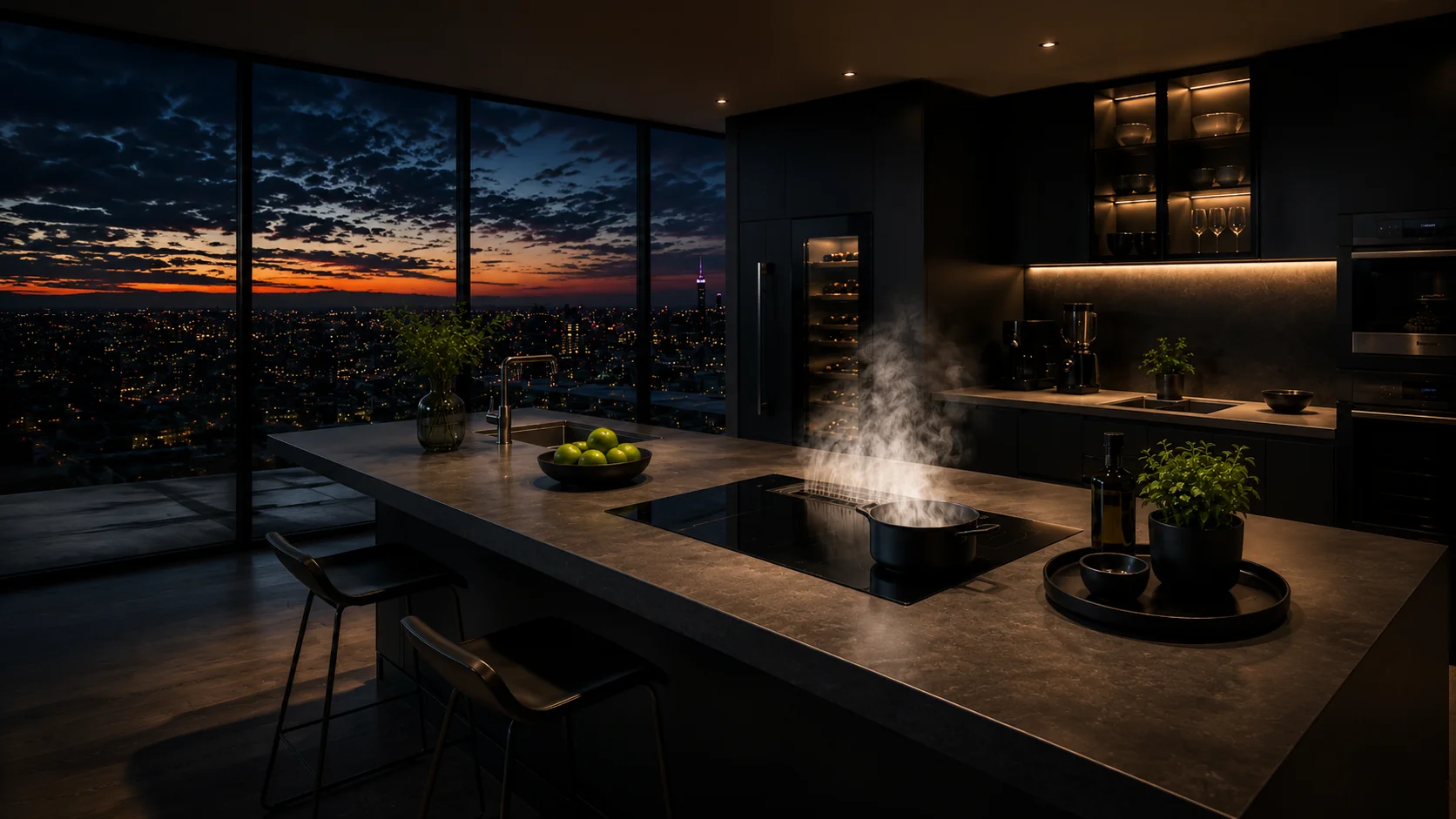 QuantumPlasma air treatment technology in a modern dark kitchen at dusk